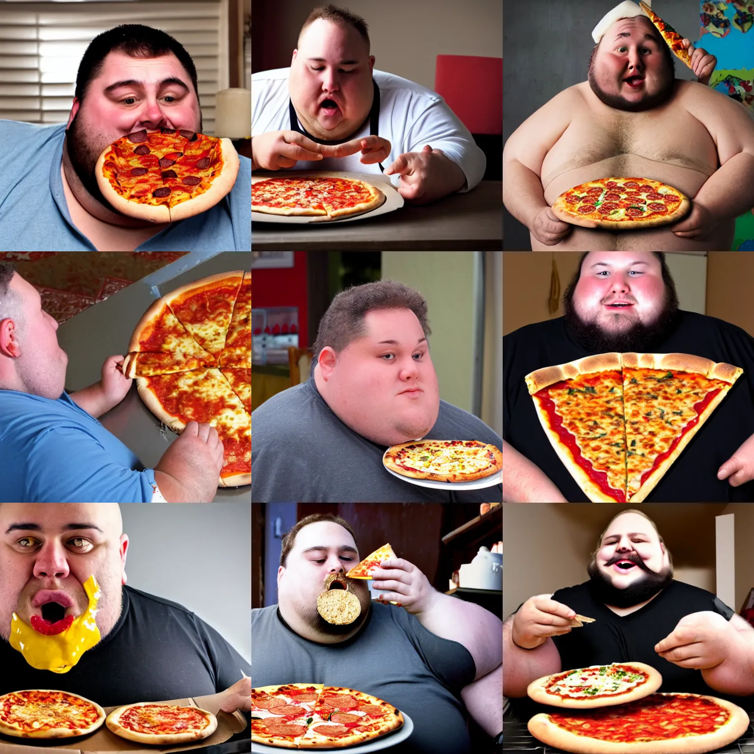 Prompt: a fat man smears pizza on his face.