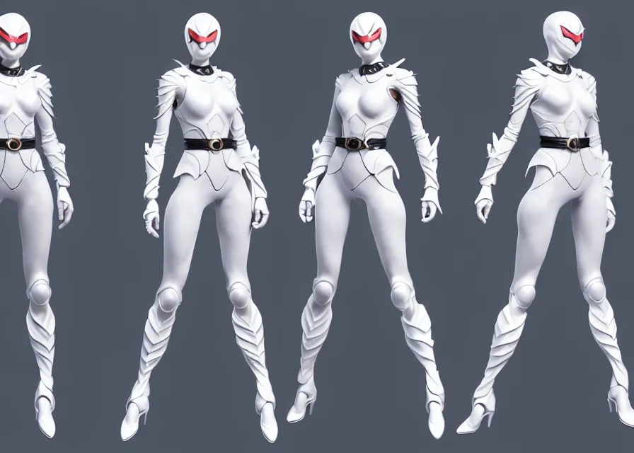 Image similar to female kamen rider character concept art sprite sheet of abstract white swan concept, big belt, wing, human structure, concept art, hero action pose, human anatomy, intricate detail, hyperrealistic art and illustration by irakli nadar and alexandre ferra, unreal 5 engine highlly render, global illumination