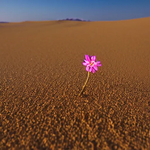 Prompt: a single small pretty desert flower blooms in the middle of a bleak arid empty desert and a large topaz sticks halfway out of the sand, sand dunes, clear sky, low angle, dramatic, cinematic, tranquil, alive, life.