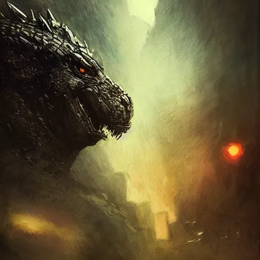 Prompt: front portrait of godzilla 2 0 1 4 by greg rutkowski, movie art