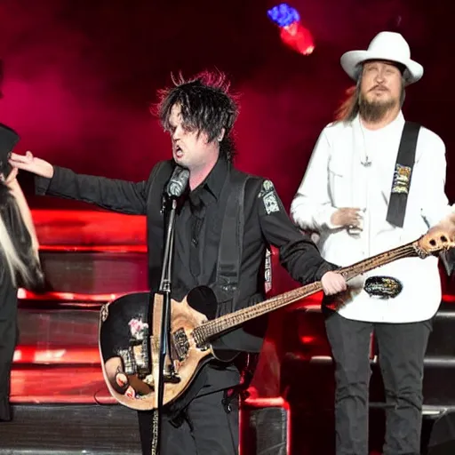 Image similar to billie joe on the stage looking bored and irritated. kid rock is in the middle with wendy.