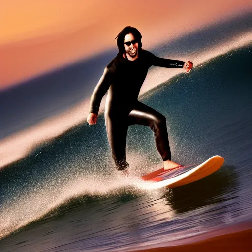 Image similar to Image of keanu reeves surfing, drone image, cinematic lighting, 4k, vivid color, detailed