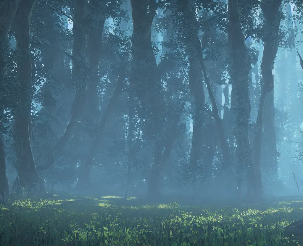 Image similar to blue forest, glowing, zelda breath of the wild, digital art, highly detailed, artstation, octane render