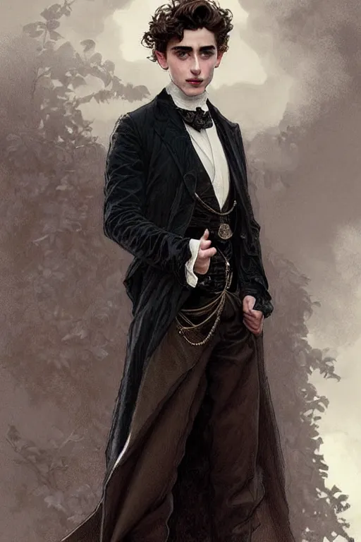 Image similar to Timothée Chalamet dressed in male Victorian fashion, D&D, fantasy, intricate, elegant, highly detailed, digital painting, artstation, concept art, matte, sharp focus, illustration, art by Artgerm and Greg Rutkowski and Alphonse Mucha