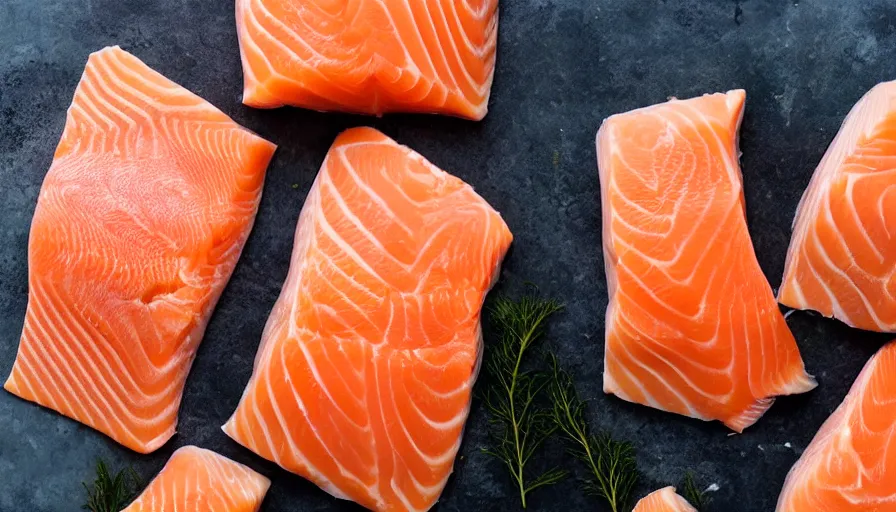 Image similar to falling asleep cuddling with huge cuts of salmon being prepared, slicing a salmon filet cuddling and wrapping up sleeping people