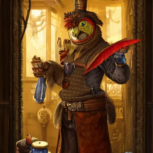 Image similar to A Anthropomorphized parrot trader in his shop, selling his wares, portrait, items, gold, carpet, window, sly expression, cunning expression, D&D, fantasy, intricate, cinematic lighting, highly detailed, digital painting, artstation, concept art, smooth, sharp focus, illustration, magic the gathering artwork, art by Akihiko Yoshida, Greg Rutkowski