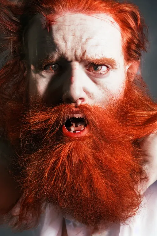 Prompt: a mad scientist with a third eye and wild red hair and beard slightly balding, high resolution film still, 4 k, hdr color