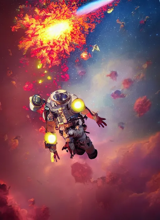 Image similar to An epic fantastic realism comic book style painting of the most beautiful flowers launched into space, bouquets, glorious galactic collision, sharp focus, fisheye, unreal 5, DAZ, hyperrealistic, octane render, dynamic lighting