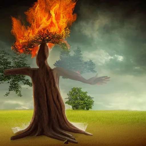 Prompt: a tree on fire with jesus standing infront of it, highly detailed,