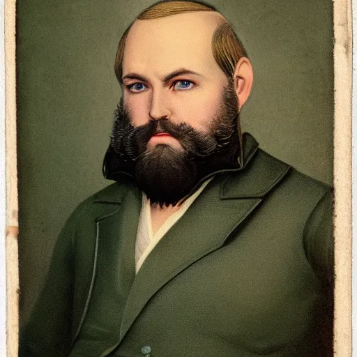 Image similar to close up of face of middle aged balding blond man with a beard and mutton chops, short wavy hair, green eyes, gilded age soldier, portrait, 4 k