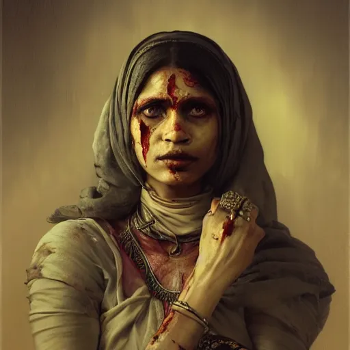 Image similar to portrait painting of a bloodied north bengali female butcher, ultra realistic, concept art, intricate details, eerie, highly detailed, photorealistic, octane render, 8 k, unreal engine. art by artgerm and greg rutkowski and alphonse mucha