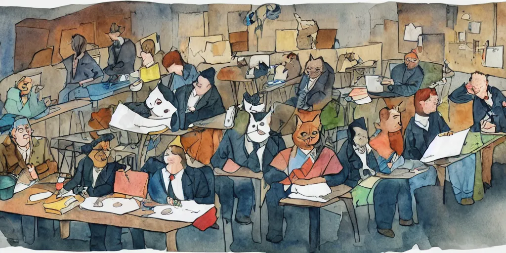 Image similar to watercolor illustration style, cats in jackets research meet in big table, business, inspiring art