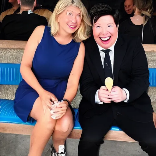 Image similar to Michael Mcintyre sitting next to a blonde woman eating ice creams & taking a selfie