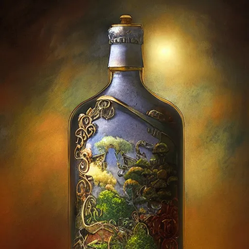 Image similar to a beautiful 🏰 contained inside an ornate vintage bottle by charles vess, studio ghibli & james gurney, artstation, 8 k, beautiful light, hyperrealism, studio photography