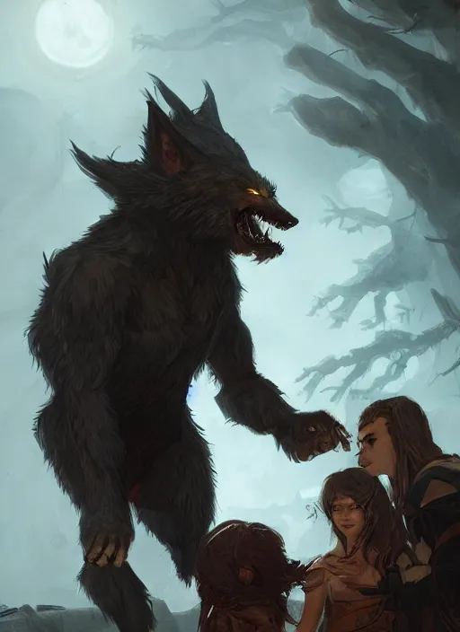 Prompt: a werewolf guardian supporting a small sorcerer girl on his shoulder, ultra detailed, fantasy, dramatic lighting, trending on artstation, award - winning, artgerm and greg rutkowski, 8 k