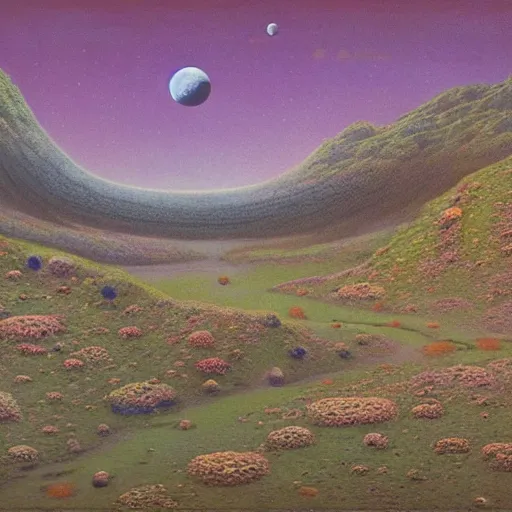 Image similar to a landscape on the moon with many craters, barren moon landscape, in a big crater at the center there is a beautiful flowering garden, 8 k, lowbrow in the style of martin johnson heade, roger dean, mark ryden and daniel merriam,