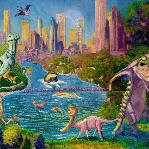 Image similar to impressionist painting of a utopian stone city with dinosaurs