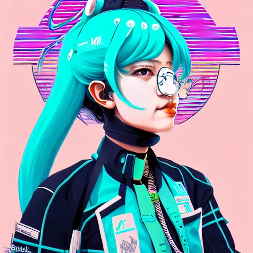 Image similar to high quality high detail 3 / 4 portrait of a hatsune miku as diesel punk character in an futuristic world, techwear, tristan eaton, victo ngai, artgerm, rhads, ross draws, hyperrealism, intricate detailed, alphonse mucha, pastel colors, vintage, artstation