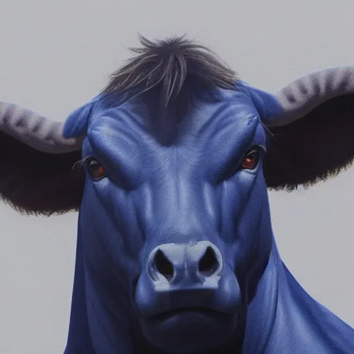 Image similar to a super muscly Belgian Blue, very detailed, ultrarealistic, dramatic lighting, electrical details, high details, 4k, 8k, best, accurate, trending on artstation, fur, artstation, photorealism, ultrarealistic, digital painting, style of frank frazetta