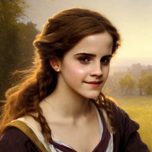 Image similar to Painting of Emma Watson as Hermione Granger. Smiling. Happy. Cheerful. Art by william adolphe bouguereau. During golden hour. Extremely detailed. Beautiful. 4K. Award winning.