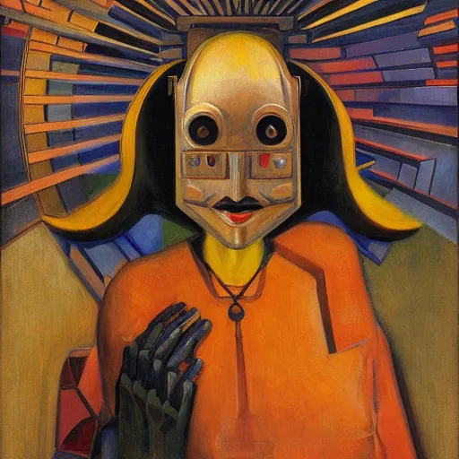 Image similar to the robot wearing her human mask, by prudence heward and donato giancola and nicholas roerich, symbolist, dramatic lighting, elaborate geometric ornament, art brut, god rays, soft cool colors, smooth, sharp focus, extremely detailed