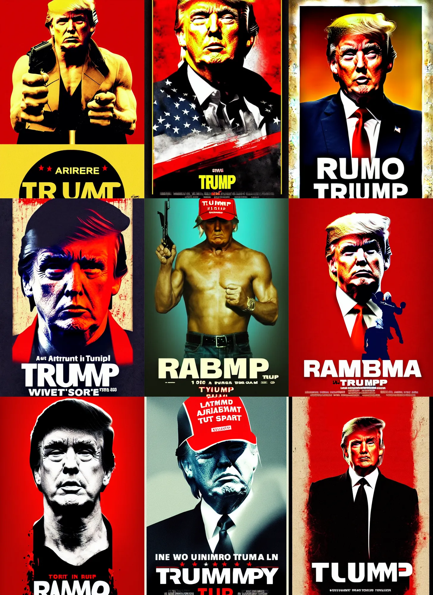 Prompt: rambo, donald trump portrays the ultimate surivor, 8 0's movie poster, theatrical poster, vibrant fan art, digital art, trending on artstation, minimalist