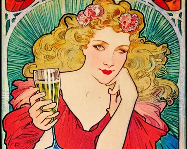 Prompt: mucha, blonde woman, a glass of champagne, cheerful, bright, clear colors, realistic