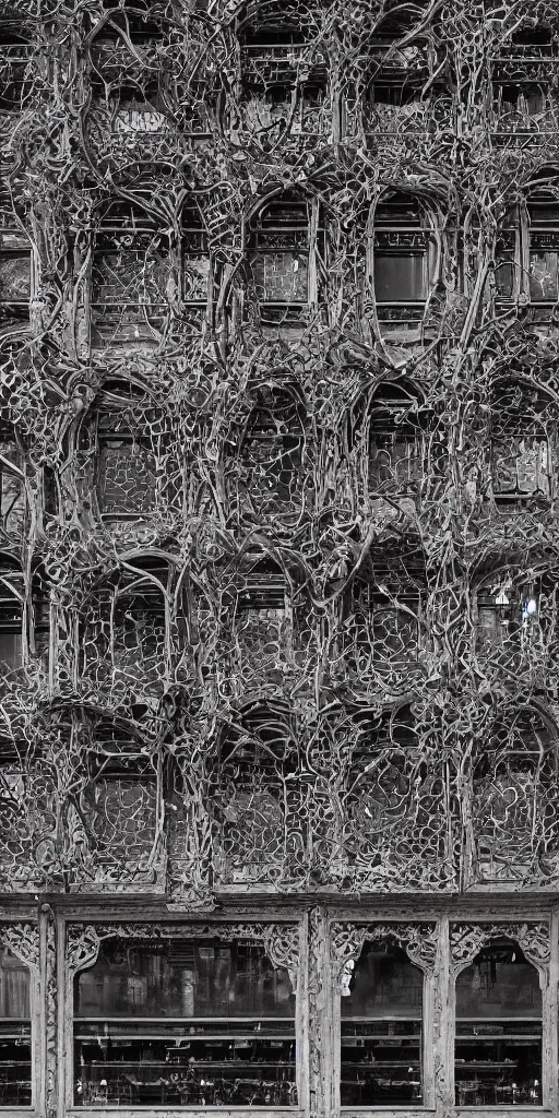 Prompt: a professional photograph of a very beautiful beautiful modern building by Louis Sullivan and H.R. Giger covered in black ironwork vines, layers of glass reflections, rusticated stone base, rusticated stone base, rusticated stone base, a dramatic sky, crowds of people, a dramatic sky, crowds of people , Sigma 75mm, ornate, very detailed, Symmetrical composition, centered, intricate, panoramic, Dynamic Range, HDR, chromatic aberration, Orton effect, 8k, photo by Marc Adamus, painting by Jeremy Mann, cinematic, vignette, vignette tilt-shift, bokeh , artstation