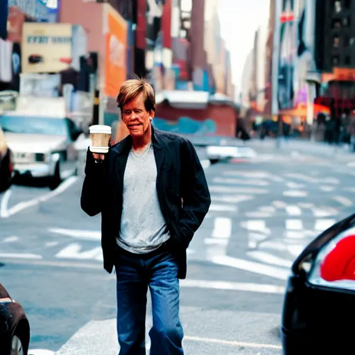 Prompt: kevin bacon walks across a street in new york city, holding cup of coffee, 3 5 mm photography