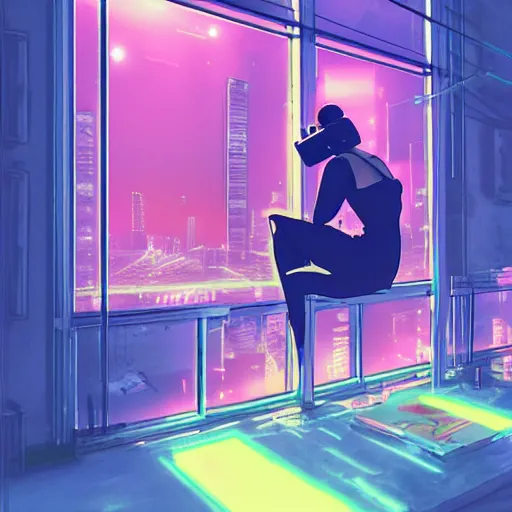 Prompt: matte painting of a woman in vr headset sitting in cyberpunk room behind the window, neon glow, by masamune shirow