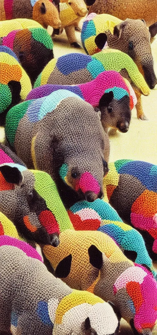 Prompt: multicolored crocheted tapirs, 1 9 8 0 s catalogue photo