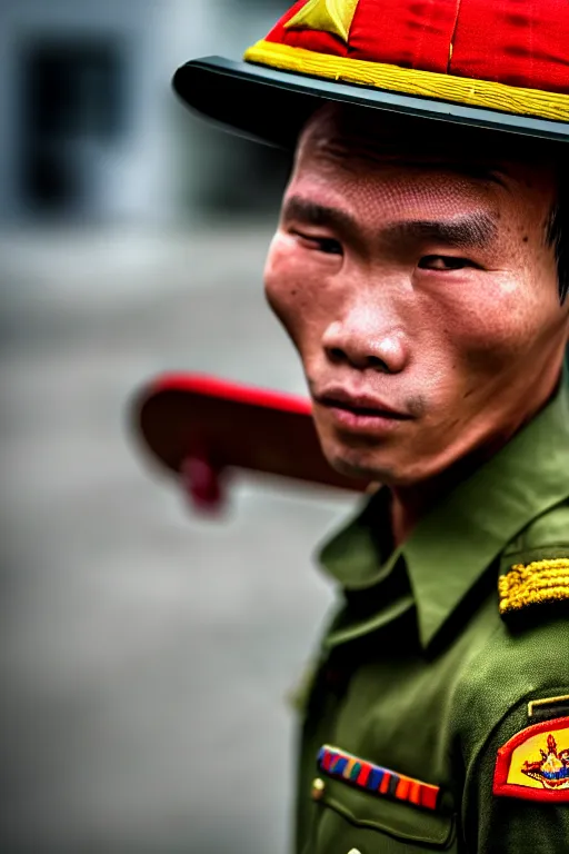 Image similar to vietnam soldier with skateboard, pulitzer award, extreme close up, captured by nikon d 8 5 0, 4 k, body features, face features, bokeh, proportional, details, object features, by daniel berehulak and adnan abidi and preston gannaway