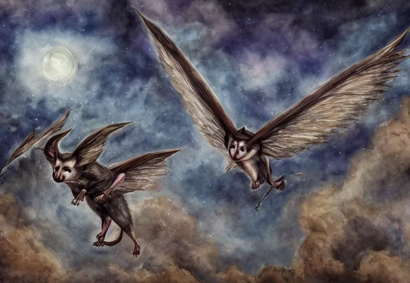 Image similar to epic winged possum flying over a medieval castle under a dark starred sky, dark fantasy, watercolor, dreaming illusion, highly detailed, 4k, trending on Artstation, award-winning