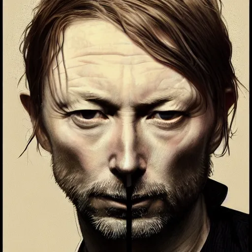 Image similar to hyper realistic portrait of smooth old thom yorke hairless, variations singer songwriter ok computer, ( side ) profile, liminal space, by lee bermejo, alphonse mucha and greg rutkowski, no beard, smooth face