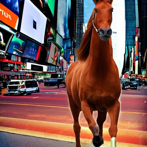 Prompt: an extremely realistic photograph of a centaur with the head mane and torso of a horse, but human legs running through times square