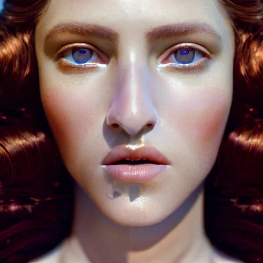 Image similar to photographic portrait of a stunningly beautiful renaissance female with pearlescent skin, white irises and dark eye makeup, in soft dreamy light at sunset, god rays, contemporary fashion shoot, by edward robert hughes, annie leibovitz and steve mccurry, david lazar, jimmy nelsson, extremely detailed, hyperrealistic, perfect face, octane render