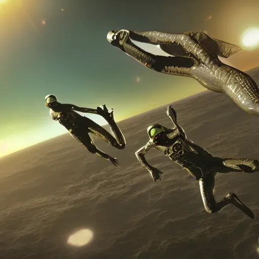 Prompt: frogman corps in space waving hi, unreal engine 6, 4 k, hyper realistic, extremely detailed, coherent,.