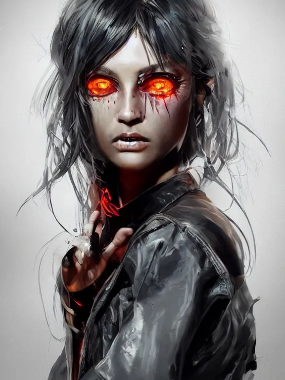 Image similar to digital illustration of a girl with eyes that burn like cigarettes wearing a short skirt and a long jacket with fingernails that shine like justice, dramatic lighting, photorealistic, extreme detail, 4 k, colorful, artgerm and craig mullins