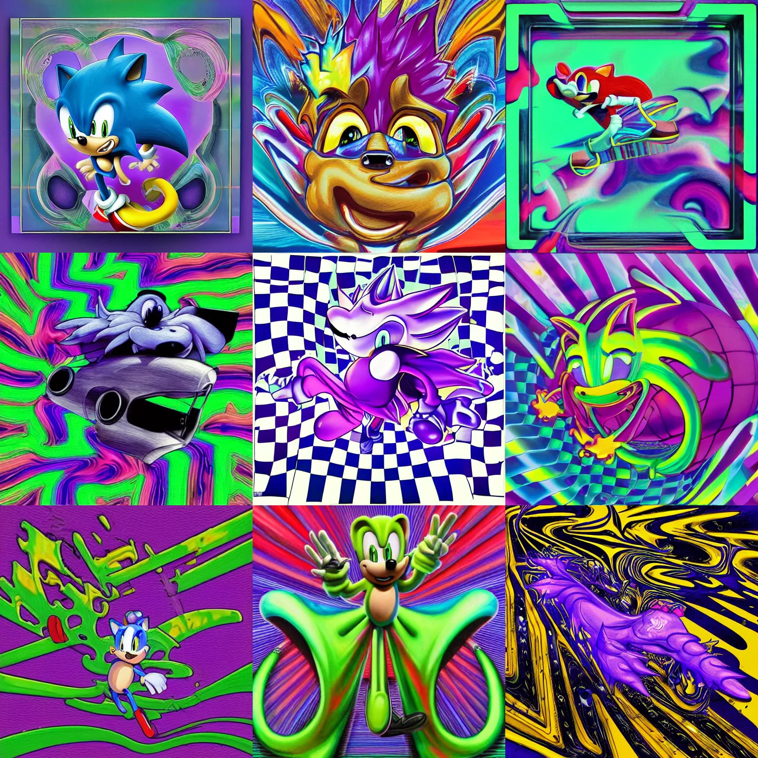 Prompt: surreal, faded, totally radical detailed professional, high quality airbrush art MGMT album cover of a liquid dissolving LSD DMT sonic the hedgehog on a flat purple checkerboard plane, 1990s 1992 prerendered graphics raytraced phong shaded album cover