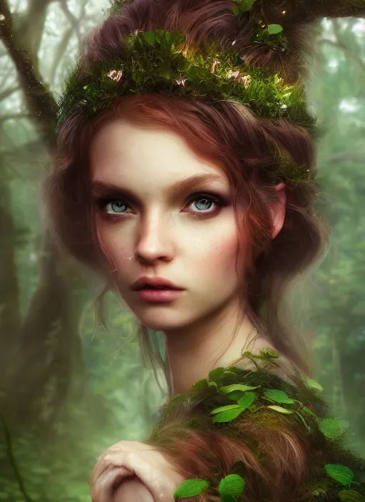 Prompt: portrait of a gorgeous fairy princess of the forest, 8k render, ultra realistic, cinematic lighting, artstation, Annie Leibovitz, artgerm