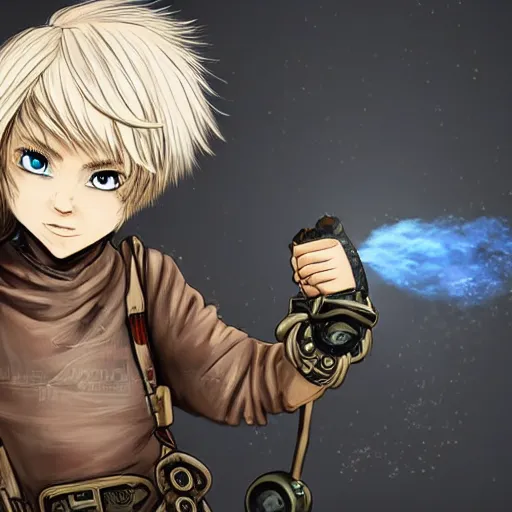 Prompt: A blonde boy wearing steampunk wristband that launches out a grapple using steam canisters, epic fantasy art style HD, SHINZOU WO SASAGEYO