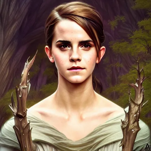 Image similar to emma watson portrait of forest gog, male, clear face, masculine, upper body, muscular, fantasy, intricate, elegant, highly detailed, digital painting, artstation, concept art, matte, sharp focus, illustration, art by artgerm and greg rutkowski and alphonse mucha