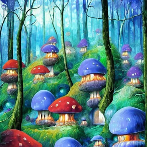 Image similar to blue glowing mushroom houses in a forest village, mushroom architecture, art by ricardo bofill, james christensen, rob gonsalves, paul lehr, leonid afremov and tim white