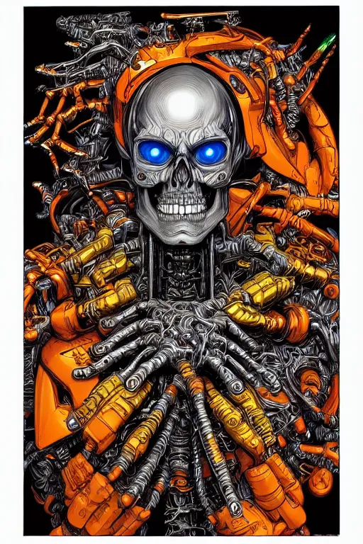 Prompt: comic art of a fluorescent ultra-detailed portrait art of mecha skeleton, by dan mumford and Junji Ito,, zx spectrum color palette, anatomy, only two hands, highly detailed, digital painting, artstation, concept art, smooth, sharp focus, illustration, Unreal Engine 5, 8K, art by art by artgerm and greg rutkowski and edgar maxence