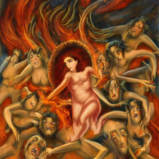 Image similar to painting of a woman falling into hell with a bunch of demons around her