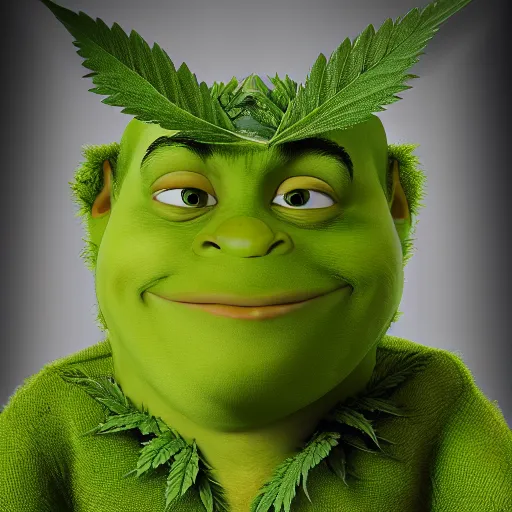 Image similar to Shreck dressed in Marijuana leaves, portrait, ultra realism