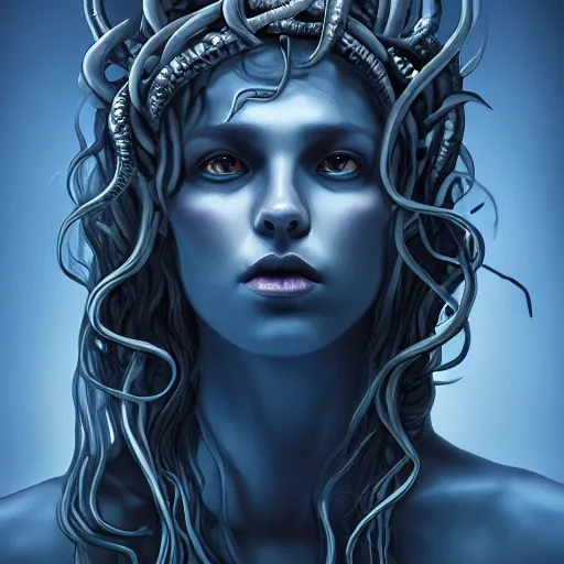 Prompt: dark portrait of medusa, blue, high detail concept art, dark fantasy, backlight, atmospheric, trending on artstation