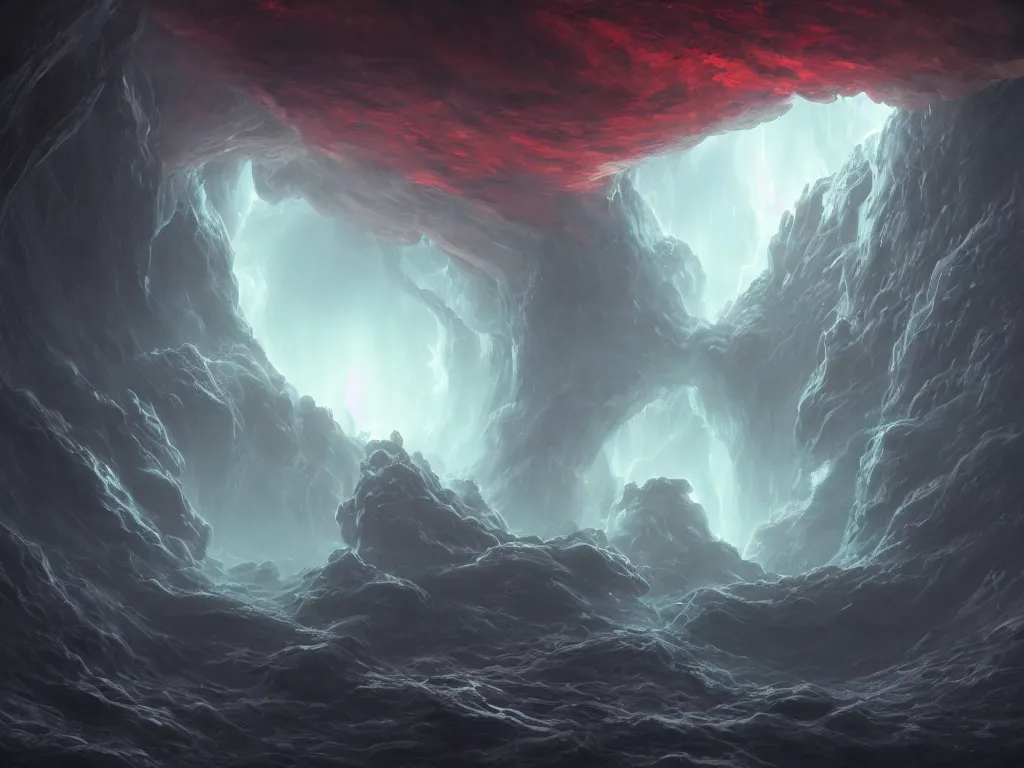 Prompt: a portal to the depths by Noah Bradley and André Le Nôtre, otherworldly, highly detailed, volumetric shapes, volumetric lightning, symmetry, 8K, 16K, CGsociety, trending on artstation, Unreal Engine, realistic, 8k texture, HD, post production, psychedelic black light