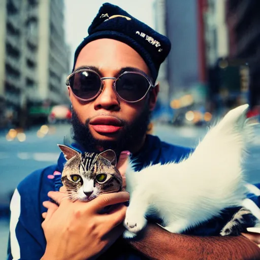 Image similar to nyc rapper holding a cat, fish eye lens, 3 5 mm film camera