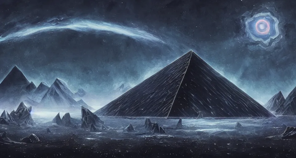 Image similar to black lovecraftian eldritch!! obsidian! pyramid!! surrounded by black flat ground, cosmic sinister space!, bright stars, nebula, sky background by eugene von guerard, ivan shishkin, night, concept art, trending on artstation, 8 k